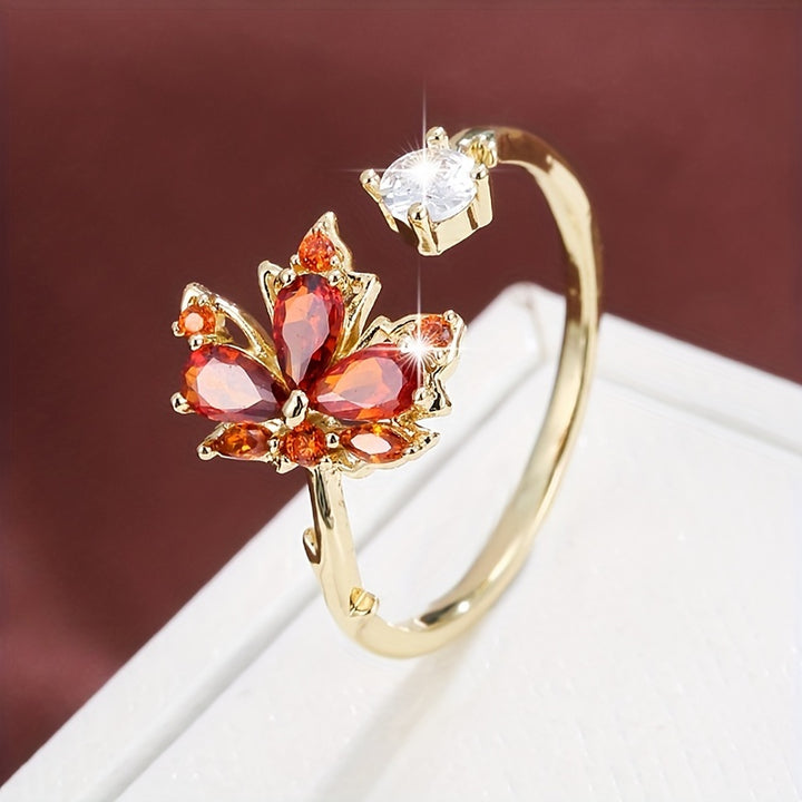 Diseño de hoja de arce elegante anillo para mujeres, cobre con chapado, con circonita cúbica sintética, versátil para uso diario y celebraciones festivas