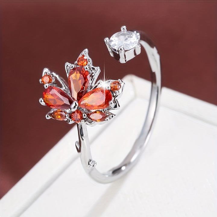 Diseño de hoja de arce elegante anillo para mujeres, cobre con chapado, con circonita cúbica sintética, versátil para uso diario y celebraciones festivas