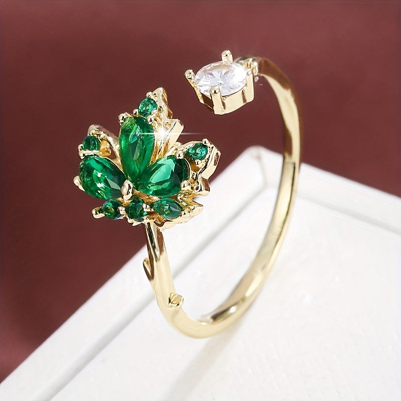 Diseño de hoja de arce elegante anillo para mujeres, cobre con chapado, con circonita cúbica sintética, versátil para uso diario y celebraciones festivas