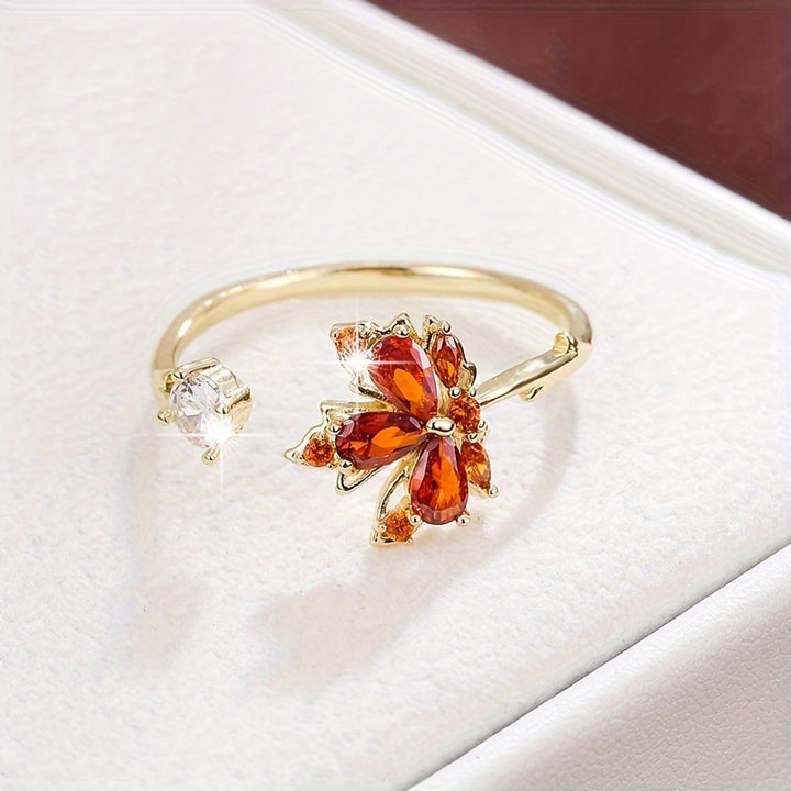 Diseño de hoja de arce elegante anillo para mujeres, cobre con chapado, con circonita cúbica sintética, versátil para uso diario y celebraciones festivas