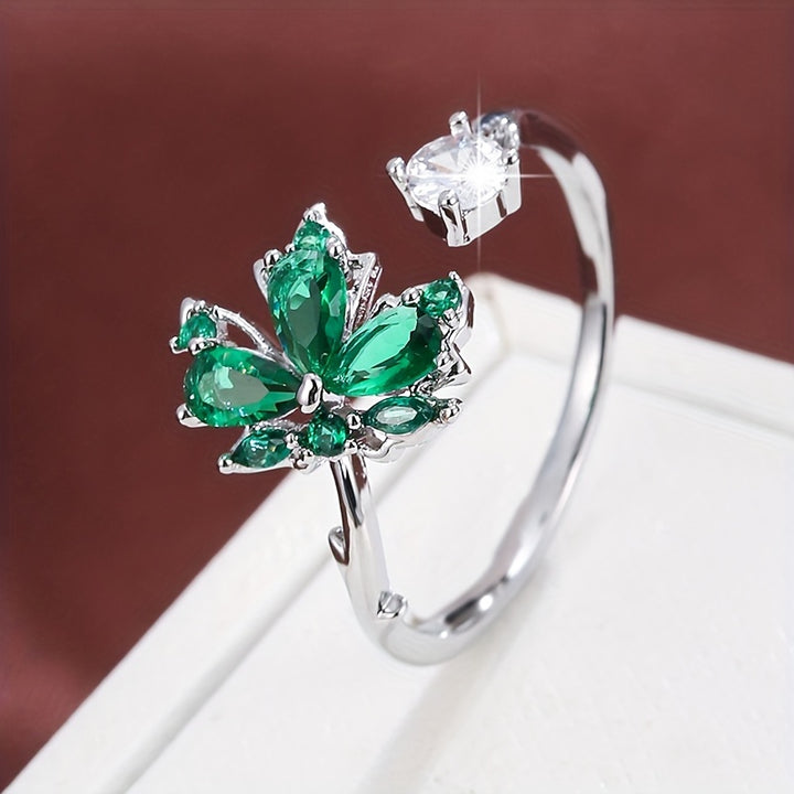 Diseño de hoja de arce elegante anillo para mujeres, cobre con chapado, con circonita cúbica sintética, versátil para uso diario y celebraciones festivas