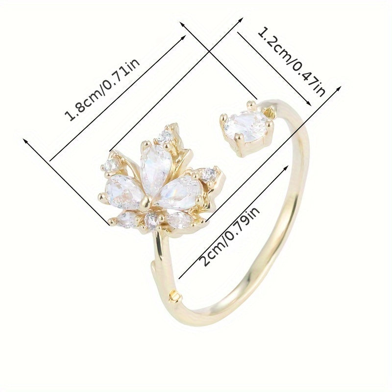 Diseño de hoja de arce elegante anillo para mujeres, cobre con chapado, con circonita cúbica sintética, versátil para uso diario y celebraciones festivas