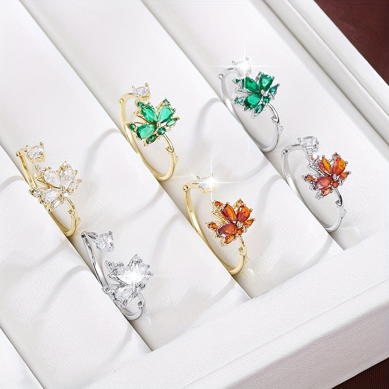 Diseño de hoja de arce elegante anillo para mujeres, cobre con chapado, con circonita cúbica sintética, versátil para uso diario y celebraciones festivas