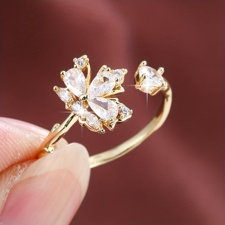 Diseño de hoja de arce elegante anillo para mujeres, cobre con chapado, con circonita cúbica sintética, versátil para uso diario y celebraciones festivas