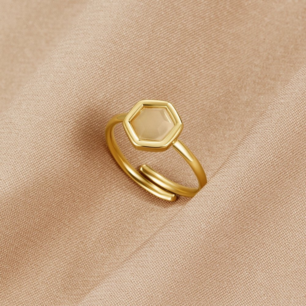 Luna Lucas | Honeycomb Statement Ring | Gold-Tone Stainless Steel with Hexagon-Cut Stone