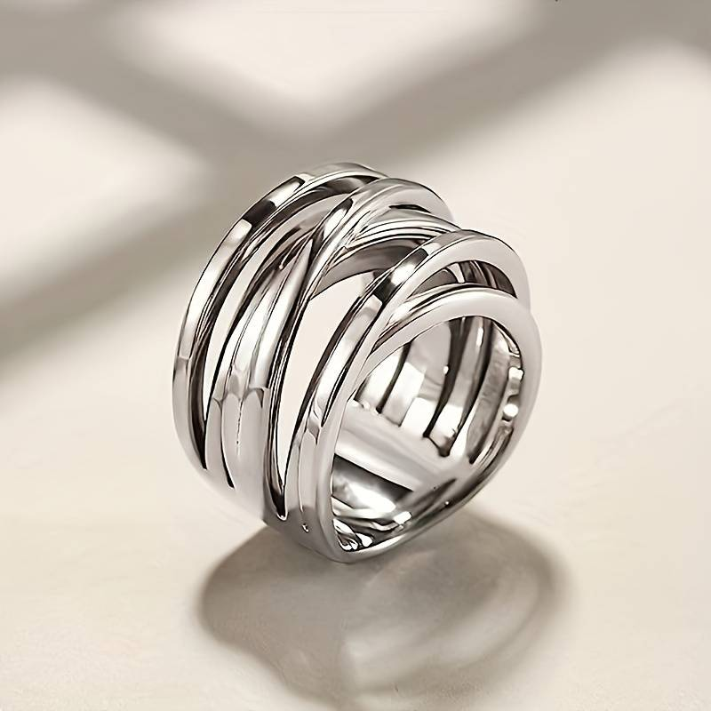 Luna Lucas | Wide Band Ring | Multi-Layer Crossover Silver